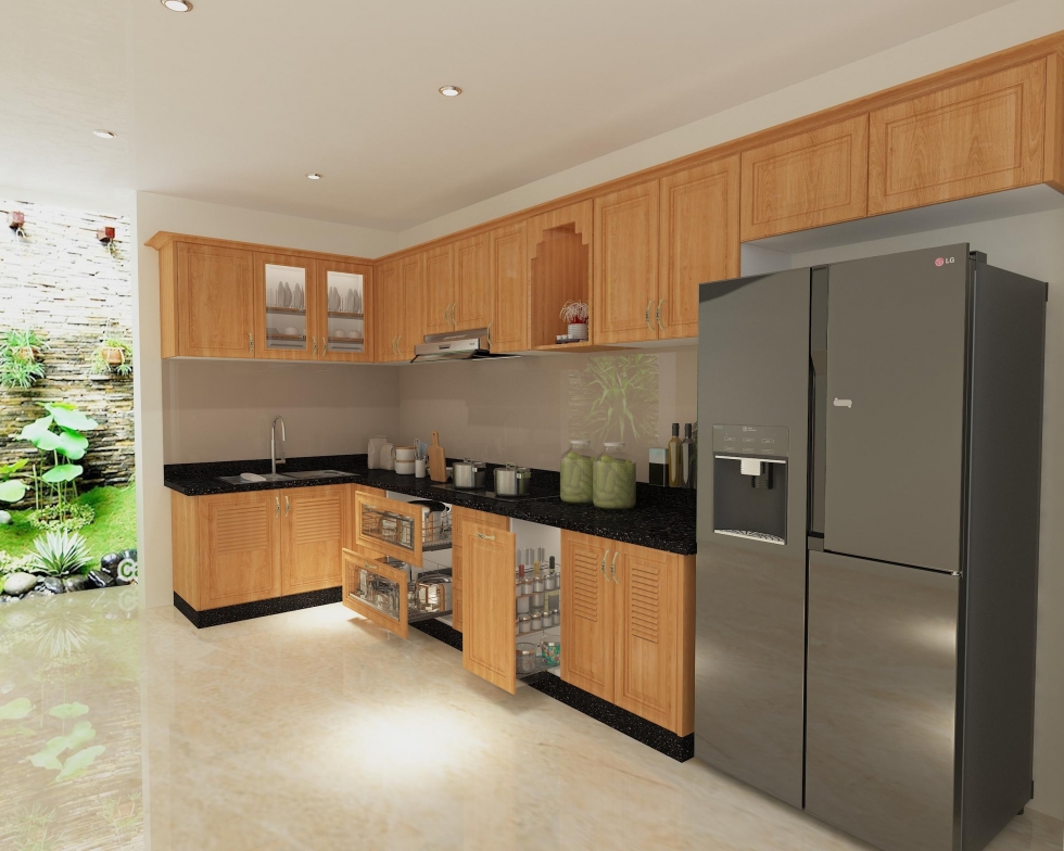 Tủ Bếp Inox Cánh gỗ sồi mỹ